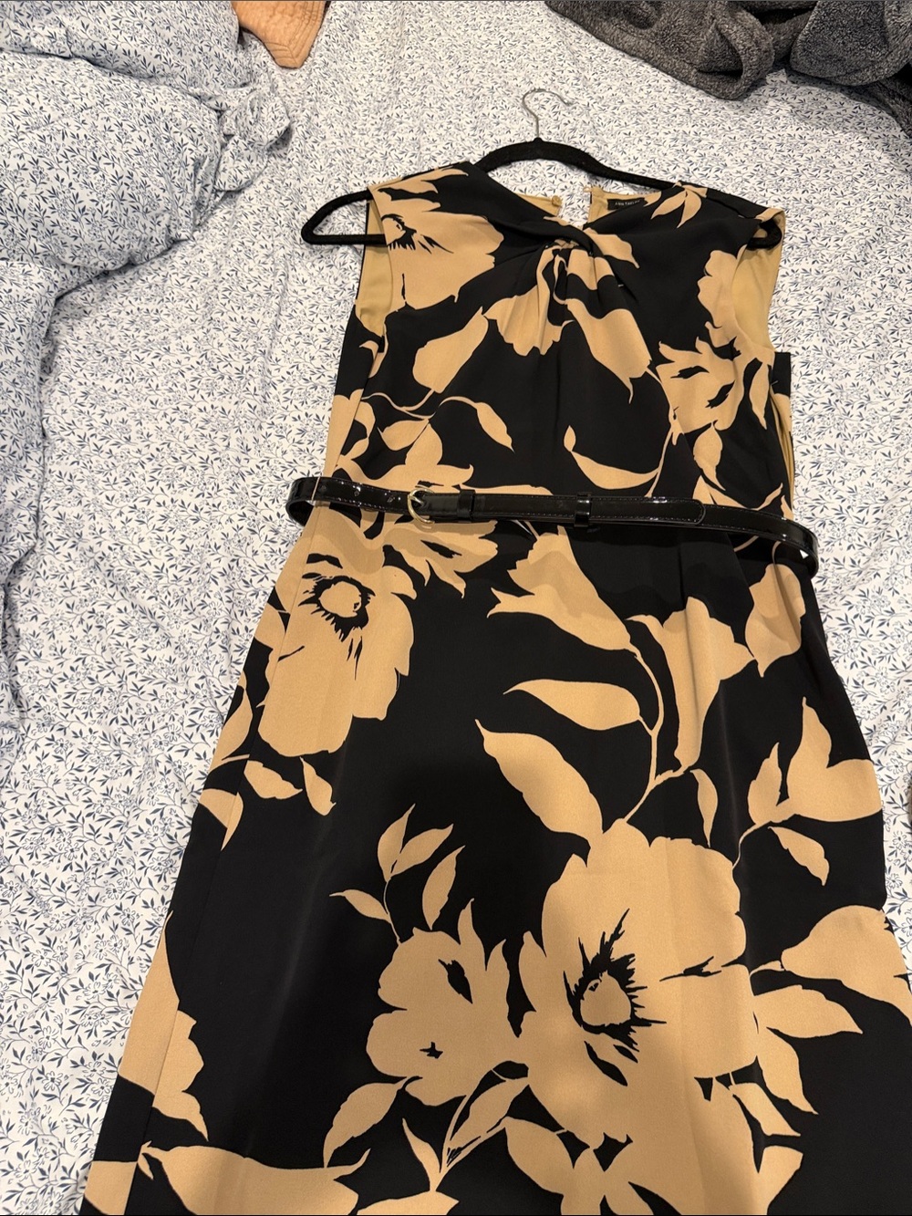 Ann Taylor Black Dress with Tan Floral Print and Belt